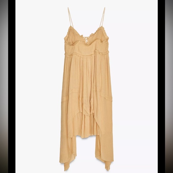 ZARA BEIGE ASYMMETRIC RUFFLED DRESS ZW COLLECTION SZ MEDIUM NEW WITH TAGS - Picture 14 of 15